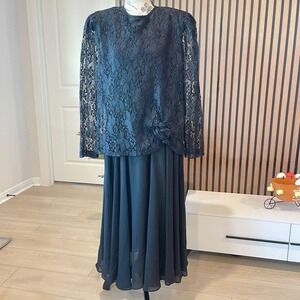 Vintage In The Mood Black Lace Long Sleeve‎ Maxi Dress Size 18 Formal